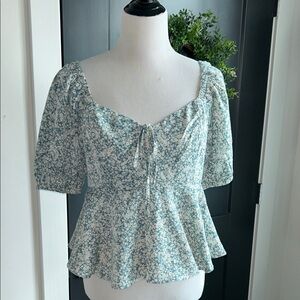 New hem & thread L could fit M Floral teal cream gold proof sleeve  Peplum Top